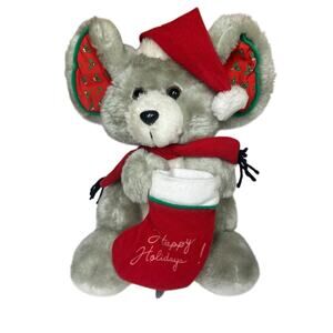 Vtg Fun World Stuffed Plush Christmas Mouse with Plaid Ears and Stocking 11"